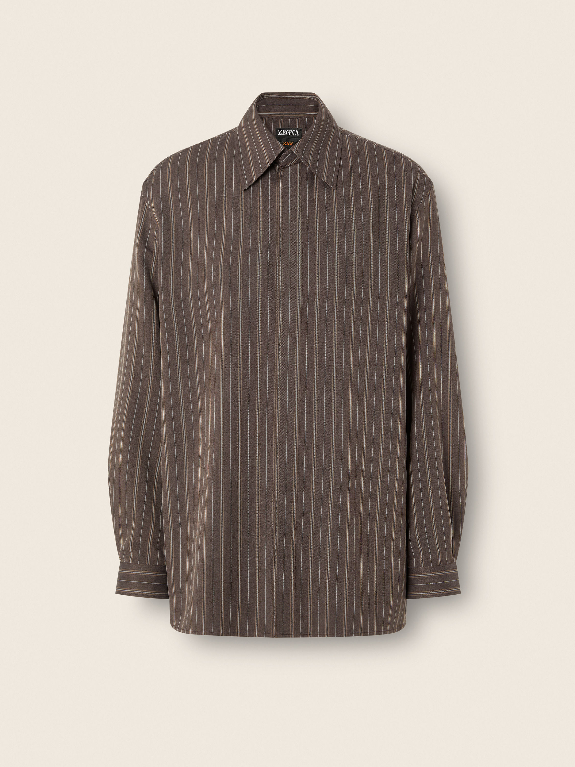 Dark Brown and Cream White Pinstriped Silk Shirt Main product photo