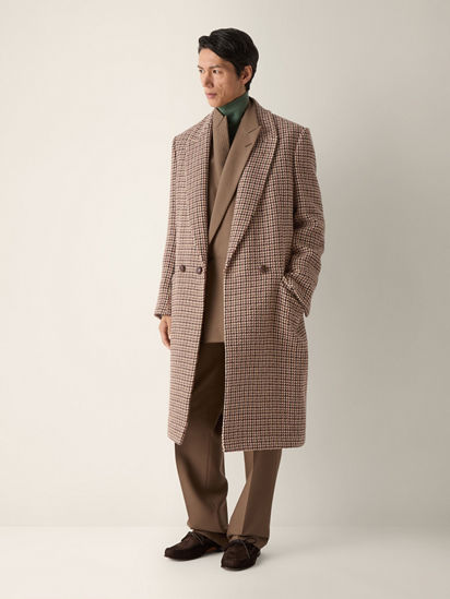 Beige Black and Reddish Brown Wool and Paper Yarn Overcoat FW26