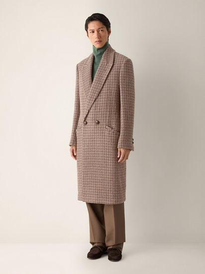 Beige Black and Reddish Brown Wool and Paper Yarn Overcoat FW26