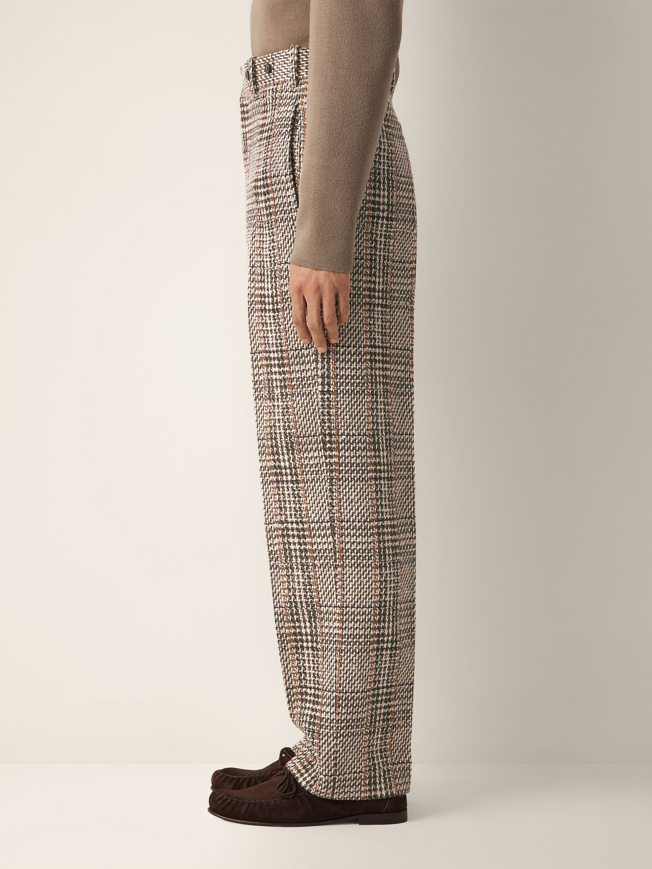 Beige Olive Green and Reddish Brown Wool and Paper Yarn Blend Pants Product detail photo #2