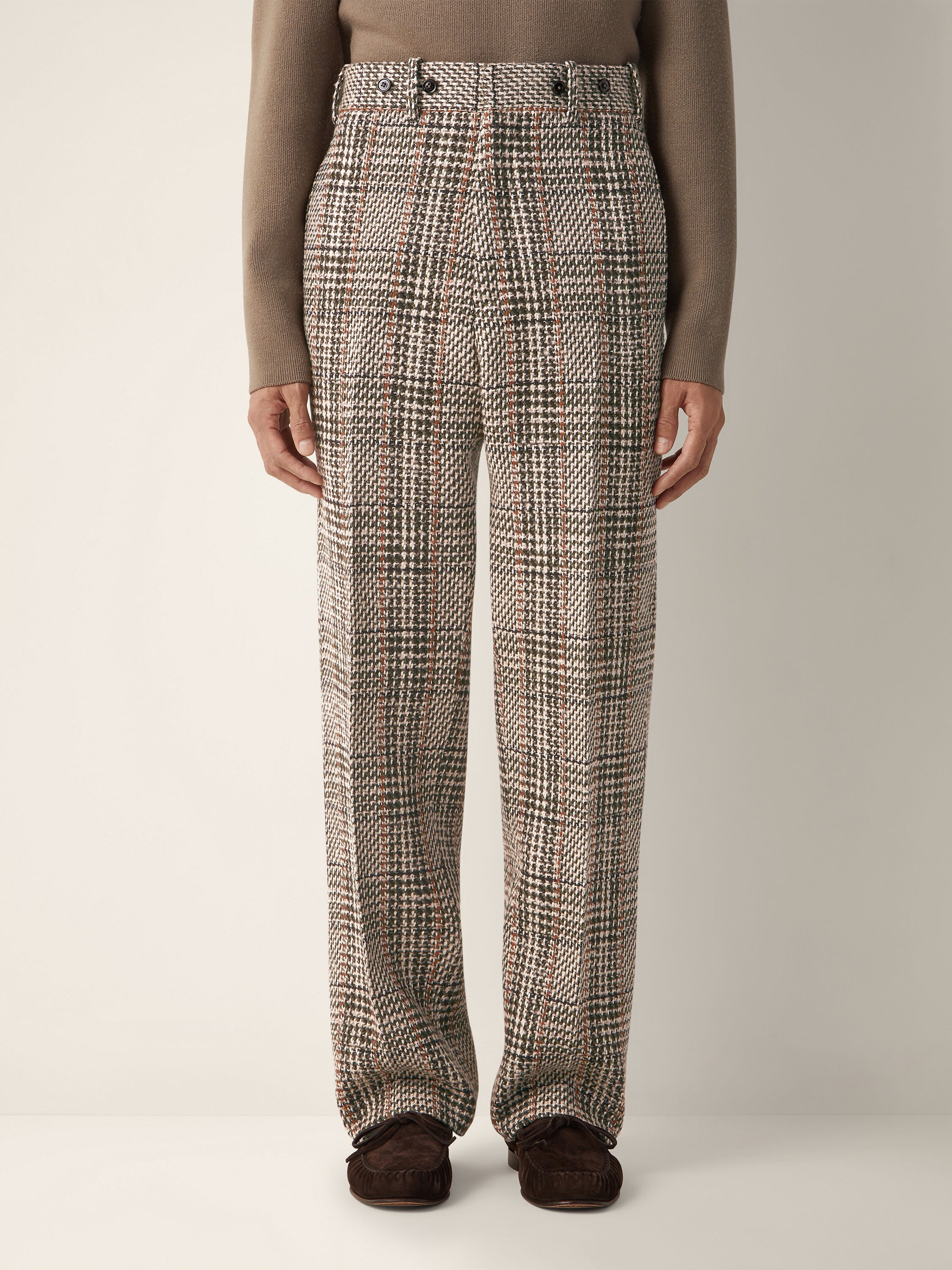 Beige Olive Green and Reddish Brown Wool and Paper Yarn Blend Pants Product detail photo #3