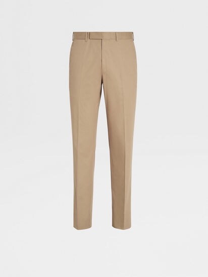 Beige prince of wales cotton-linen flat-front lightweight Dress Pants