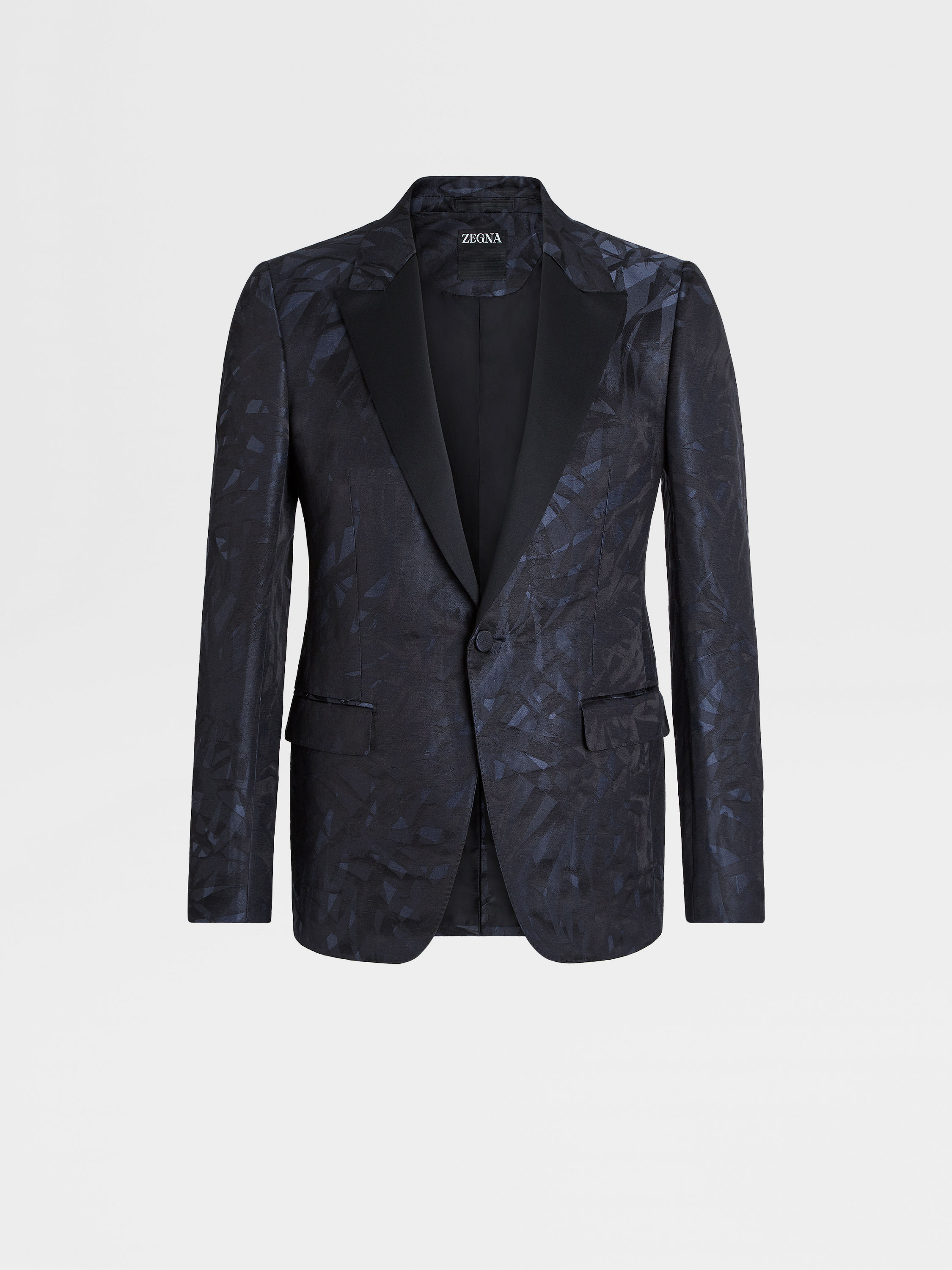 Blue and Black Jacquard Linen and Silk Evening Jacket 