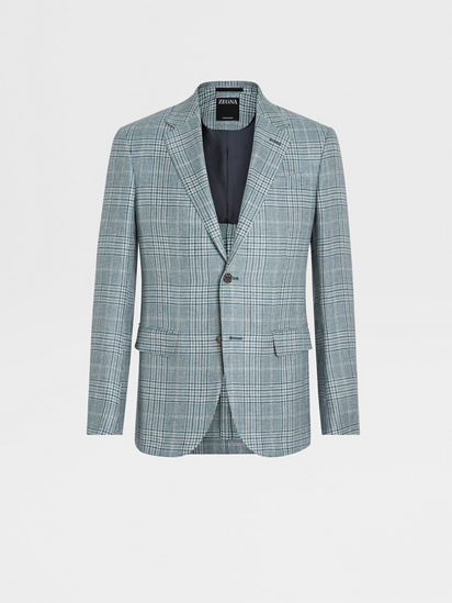 Teal Blue Prince of Wales Linen Wool and Silk Jacket FW23 25596575