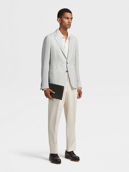 White and Light Grey Crossover Linen Wool and Silk Shirt