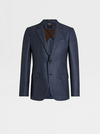 Blue and Navy Prince of Wales Cashmere and Silk Jacket FW23