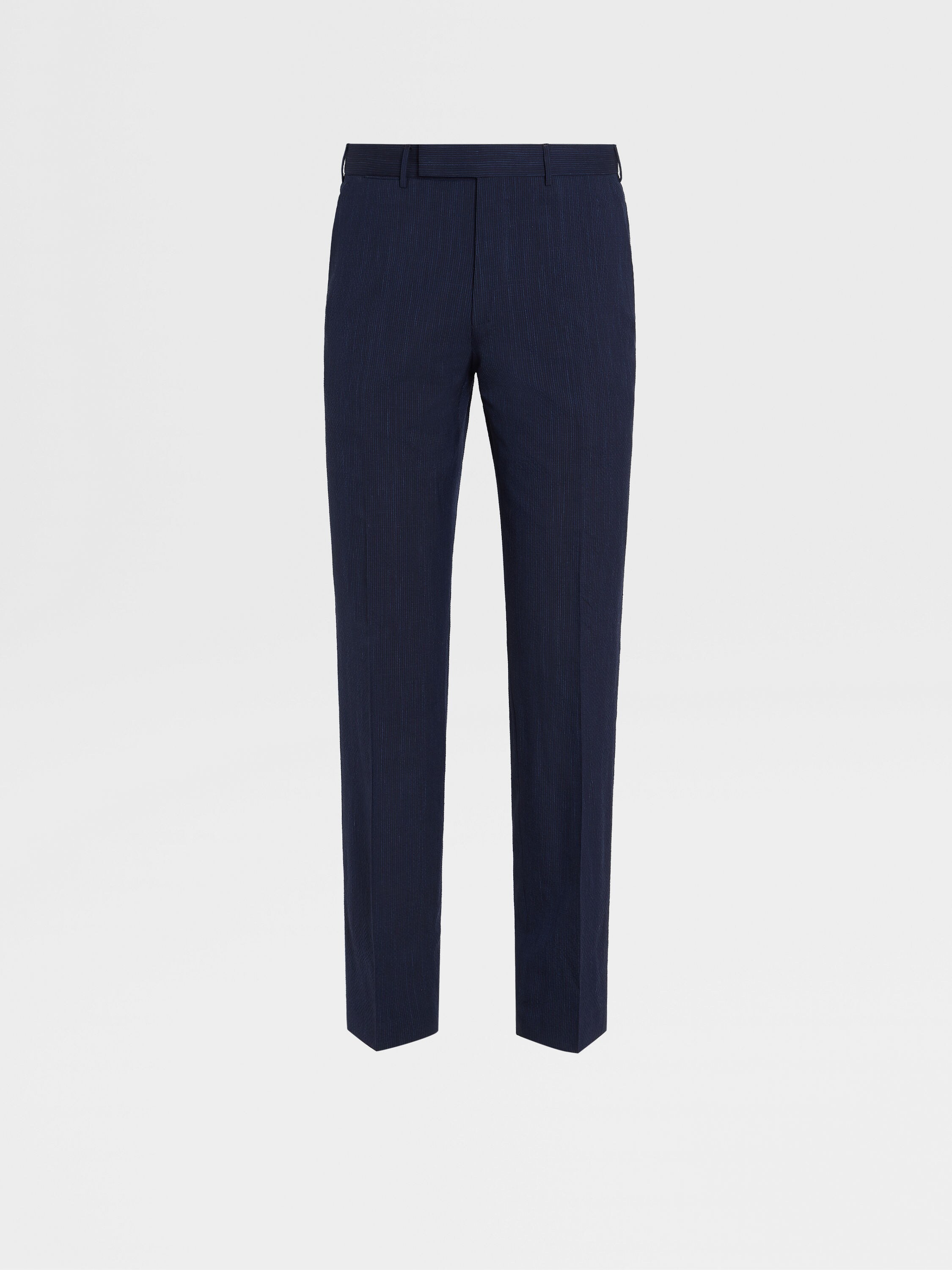 Navy blue seersucker flat-front lightweight Chino Pants