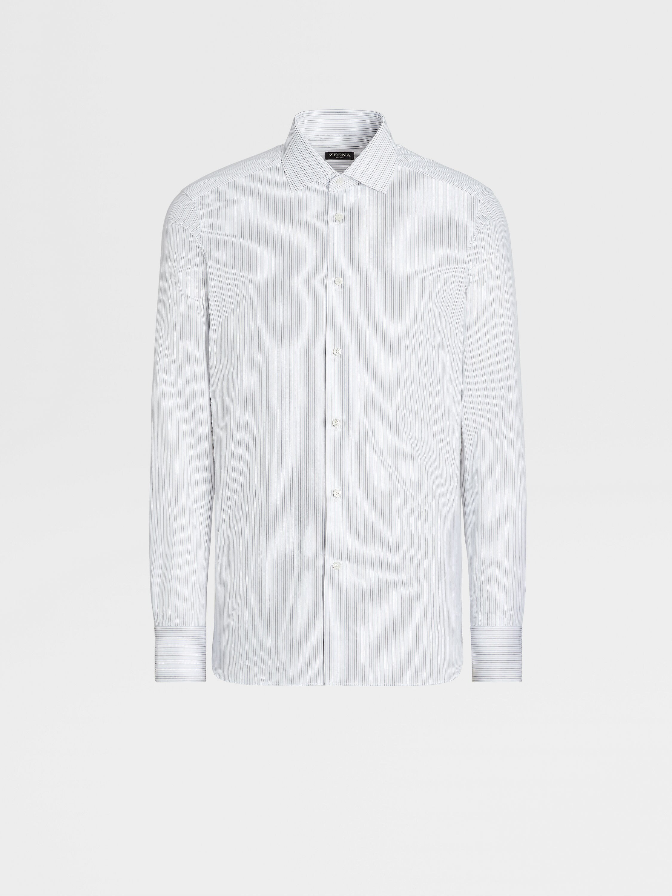 White Navy Blue and Light Blue Trecapi Cotton Structured Micro-striped Shirt