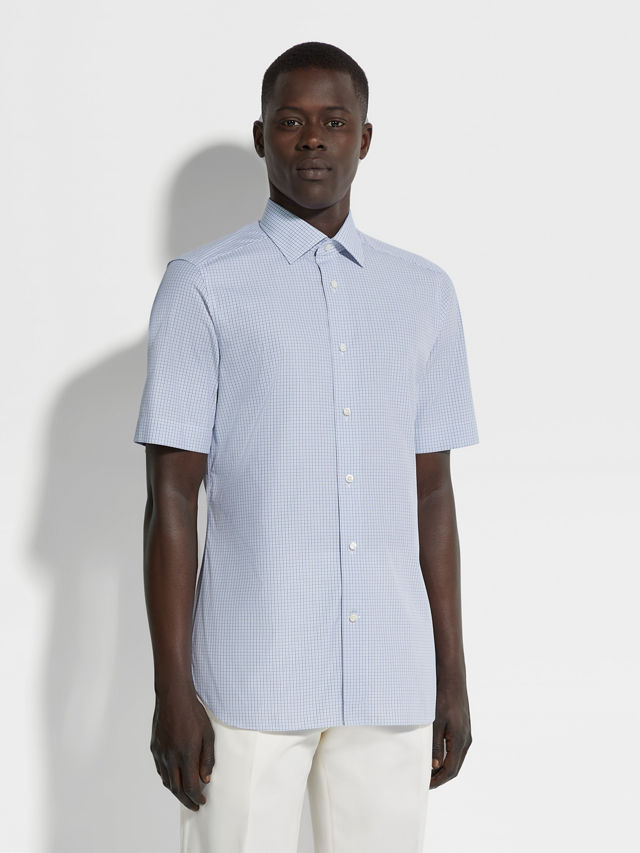 Light Blue and White Micro-checked Trecapi Cotton Shirt Product detail photo #2