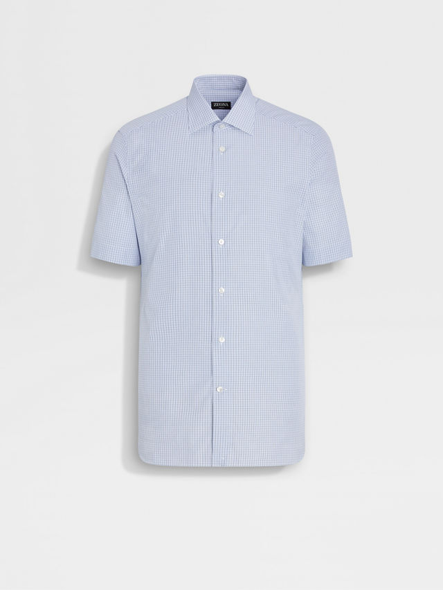 Light Blue and White Micro-checked Trecapi Cotton Shirt Main product photo