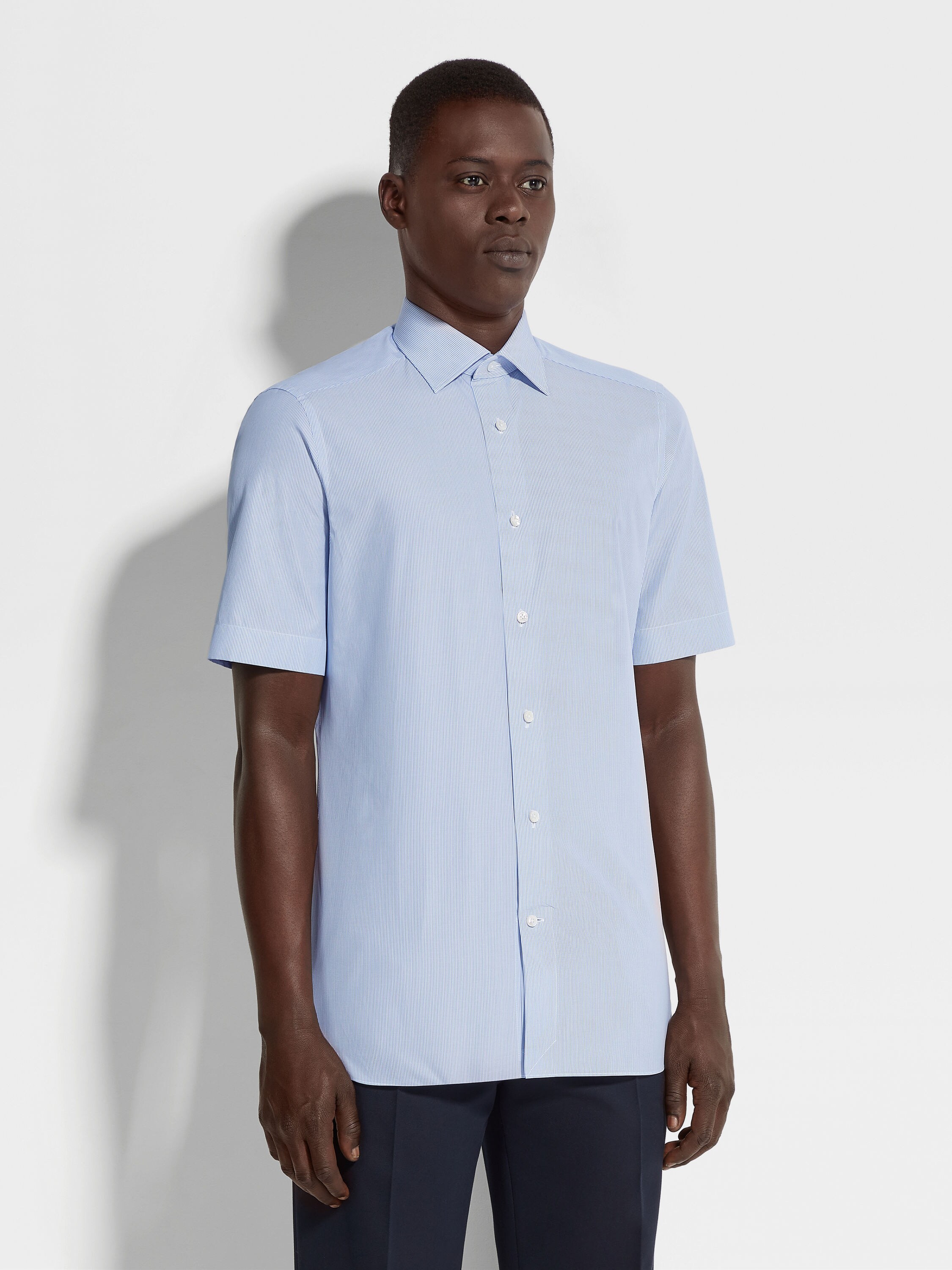 淺藍色配白色細條紋 Trecapi 棉質襯衫 產品細節圖 #2