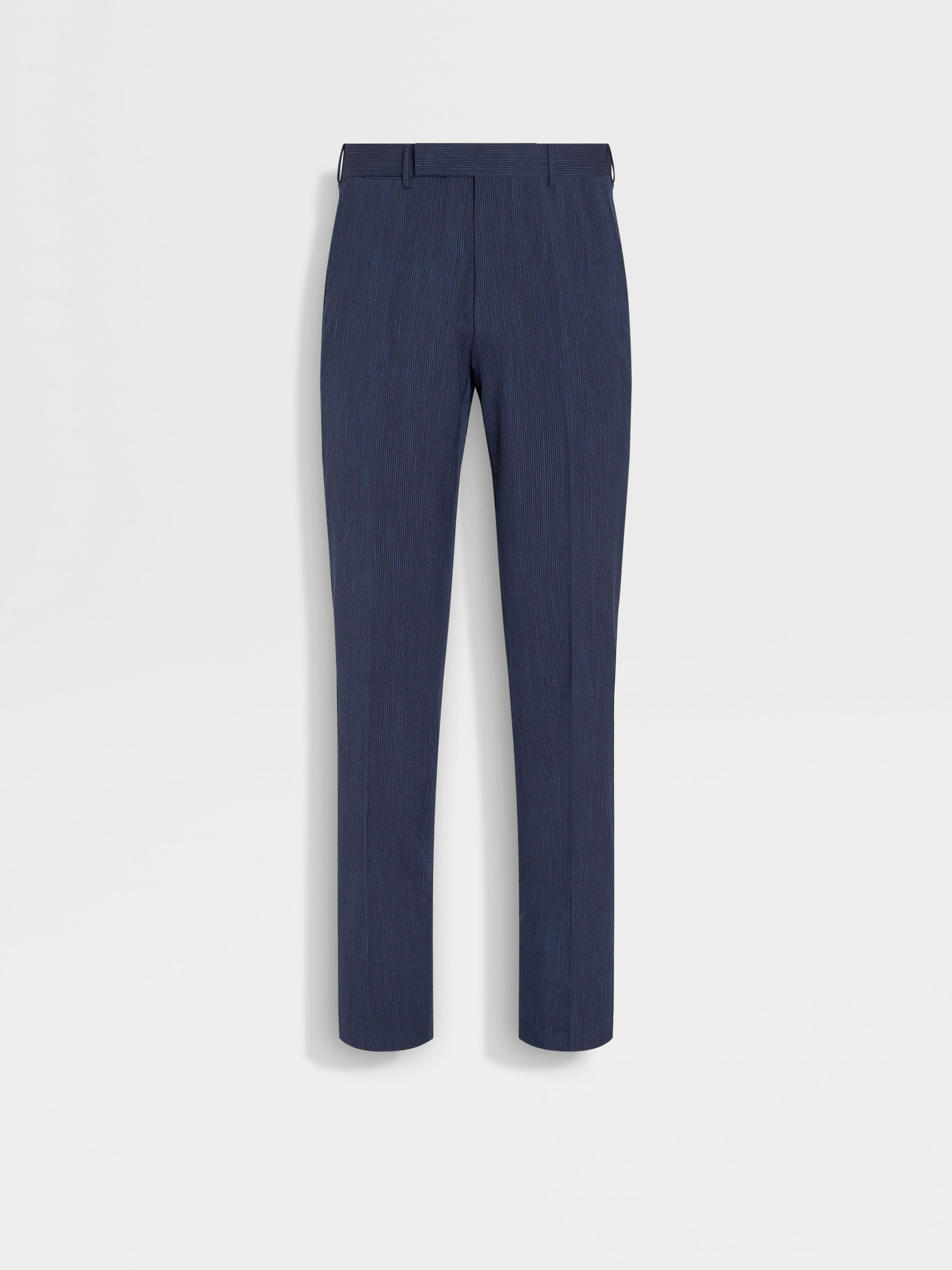 Blue and Navy Blue Trofeo™ Seersucker Wool Silk and Linen Blend Pants