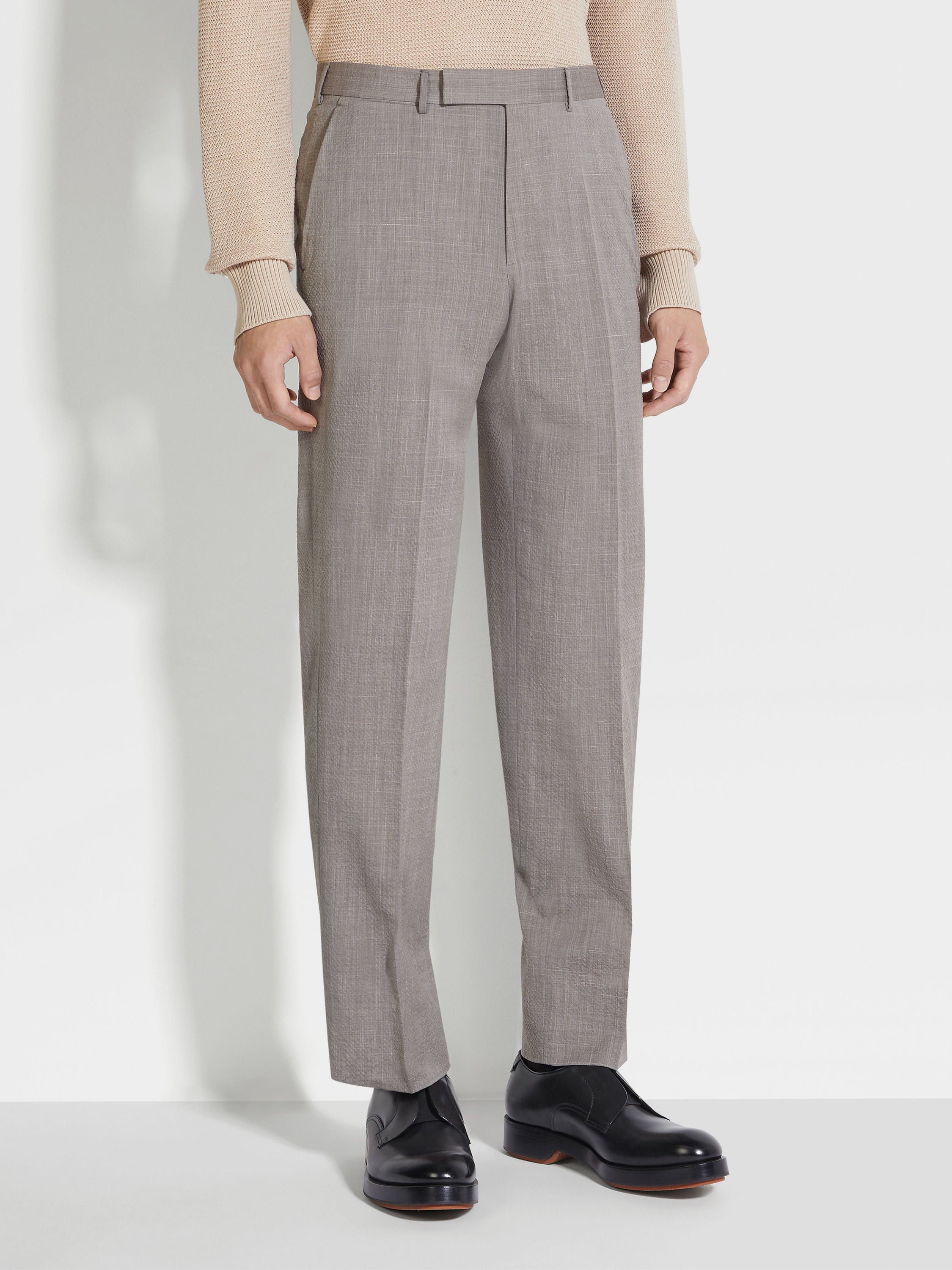 Taupe Trofeo™ Seersucker Wool Silk and Linen Blend Pants Product detail photo #4