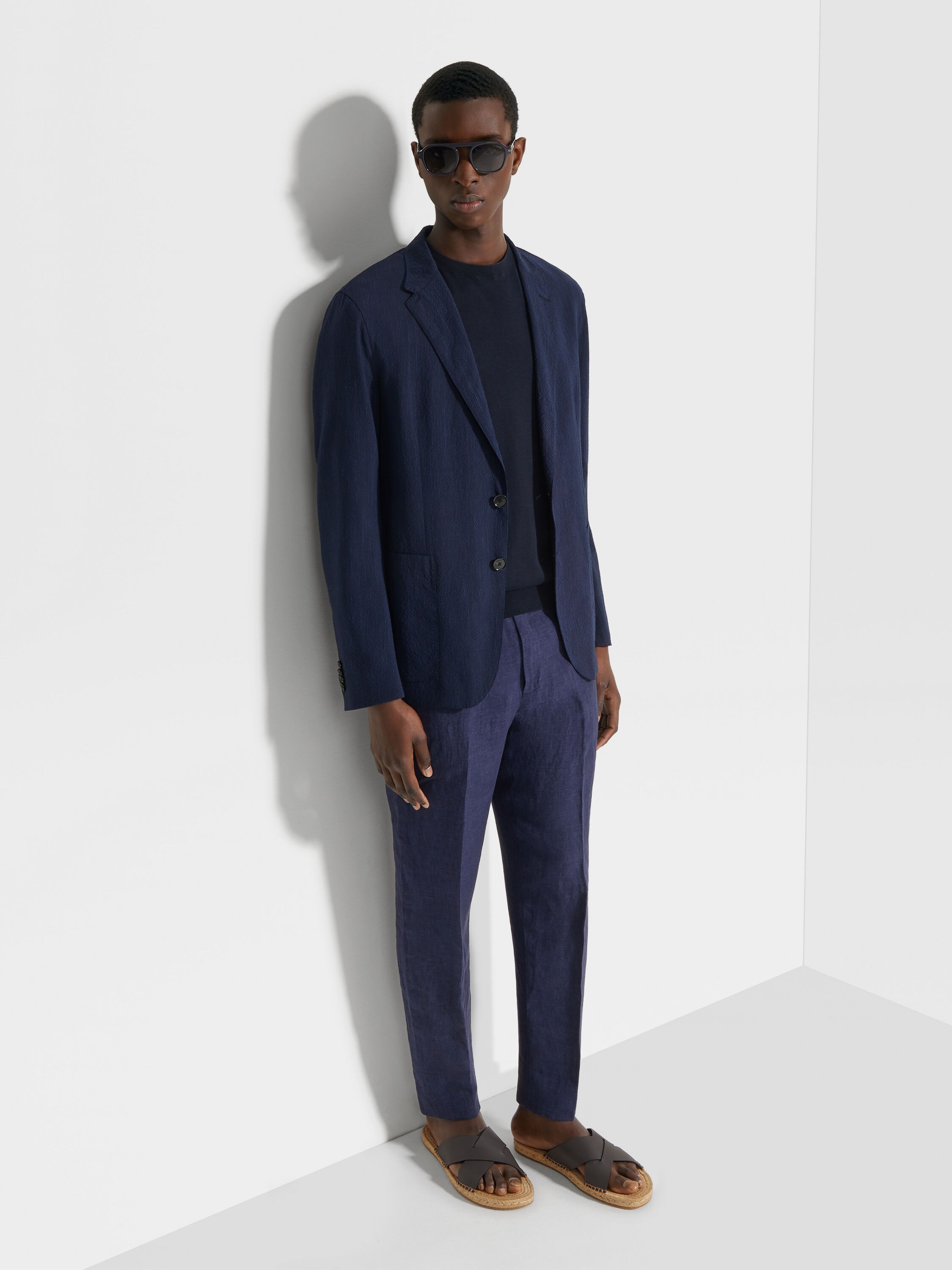 Blue and Navy Blue Trofeo™ Seersucker Wool Silk and Linen Blend Shirt Jacket Product detail photo #1