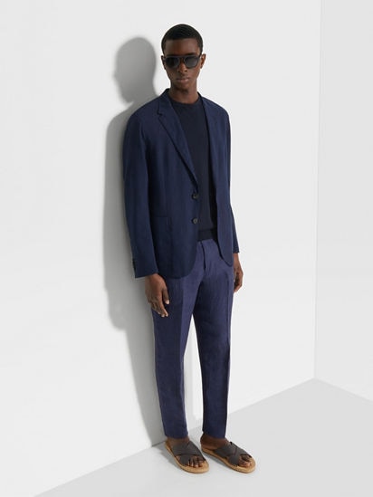 Blue and Navy Blue Trofeo™ Seersucker Wool Silk and Linen Blue and Navy Blue Trofeo™ Seersucker Wool Silk and Linen