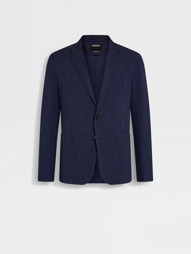 Blue and Navy Blue Trofeo™ Seersucker Wool Silk and Linen Blend Shirt Jacket Main product photo