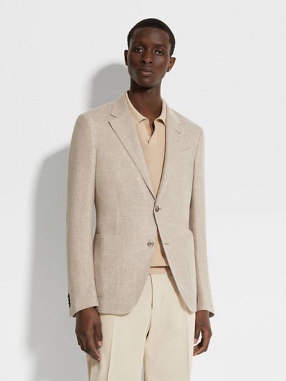 Dark Beige Crossover Linen Wool and Silk Blend Jacket FW24 Dark Beige Crossover Linen Wool and Silk Blend Jacket FW24