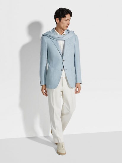 Light Blue Crossover Linen Wool and Silk Blend Jacket