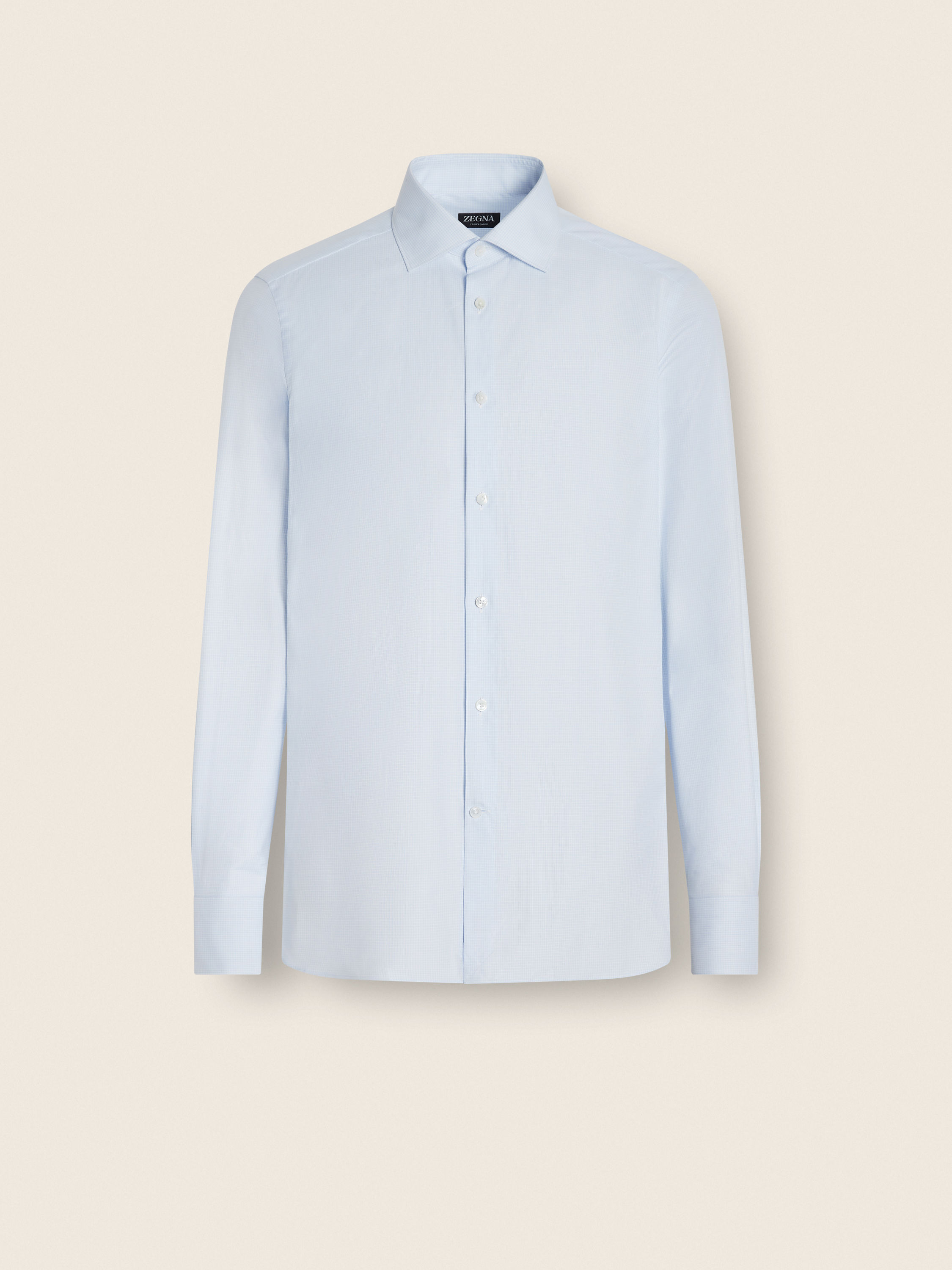 White and Light Blue Micro-checked Trofeo 600 Cotton and Silk Shirt Product detail photo #1