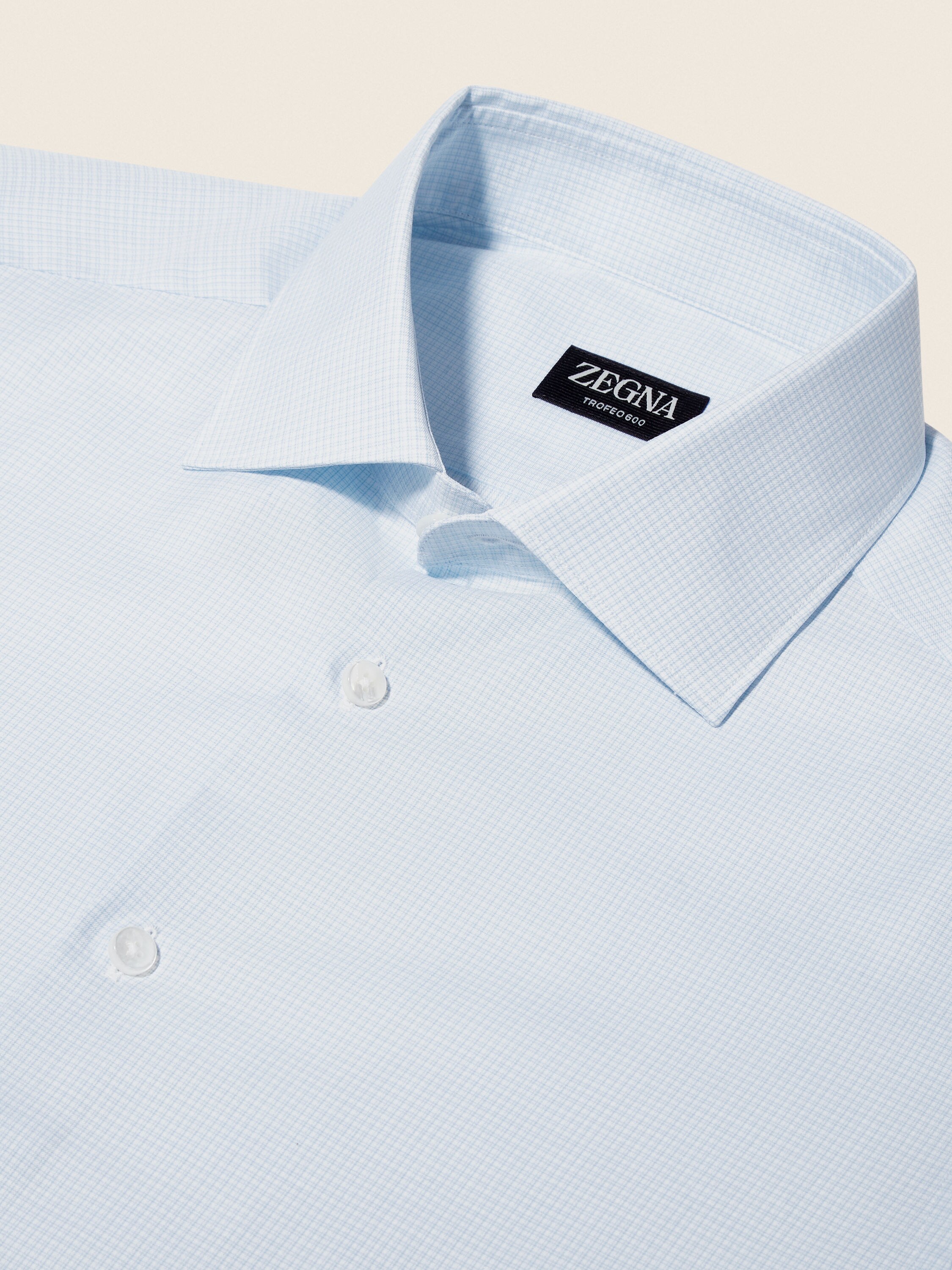 White and Light Blue Micro-checked Trofeo 600 Cotton and Silk Shirt Product detail photo #2