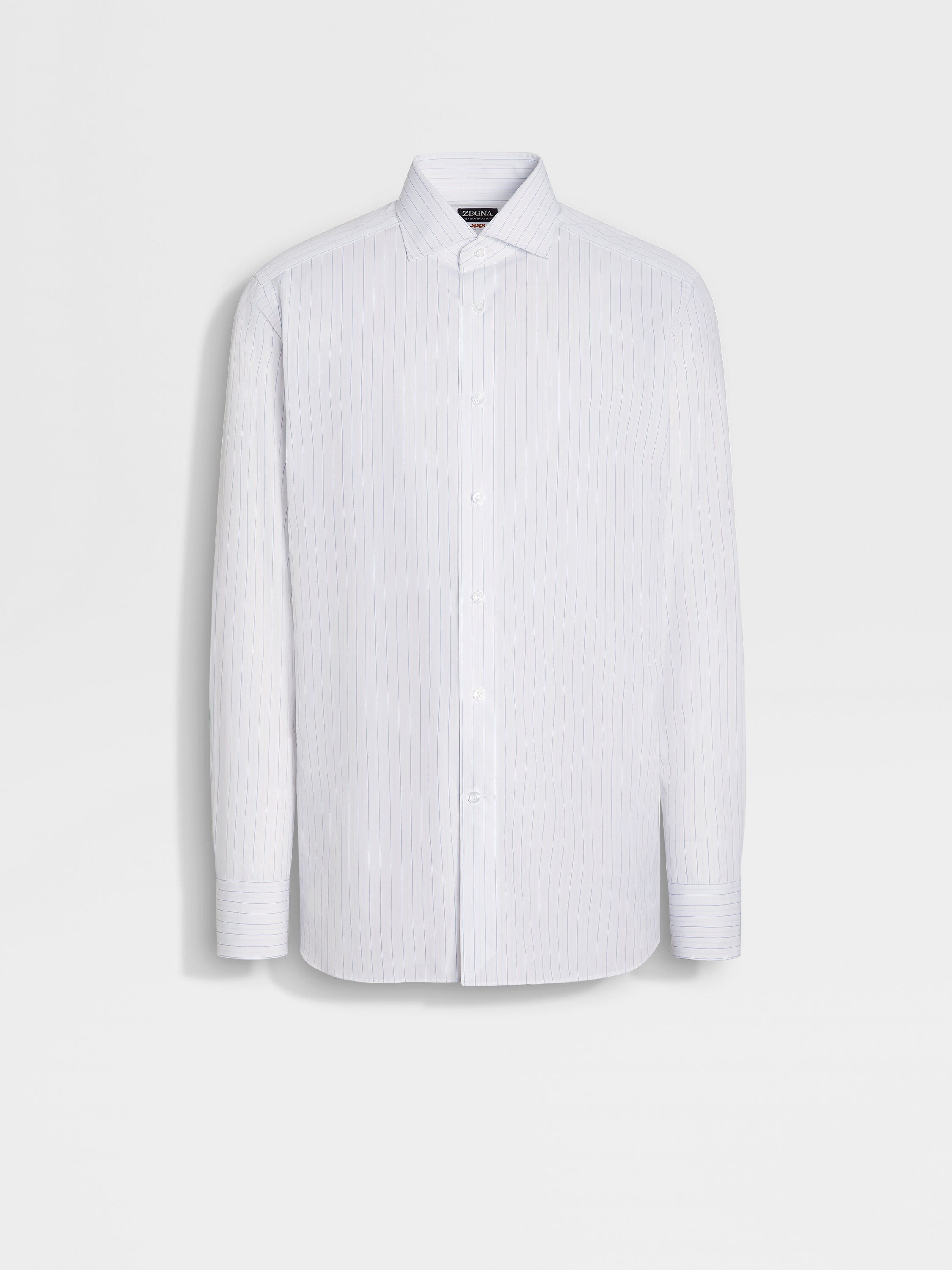 White and Light Avio Blue Macro-striped Sea Island Cotton Shirt 