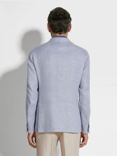Light Ink Blue Crossover Linen Wool and Silk Blend Jacket