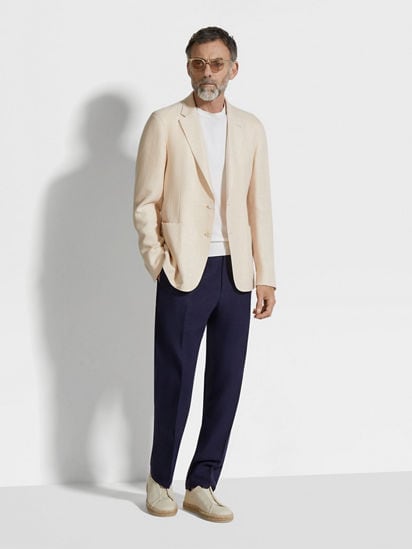 Light Beige Crossover Linen Wool and Silk Blend Jacket SS25 Light Beige Crossover Linen Wool and Silk Blend Jacket SS25