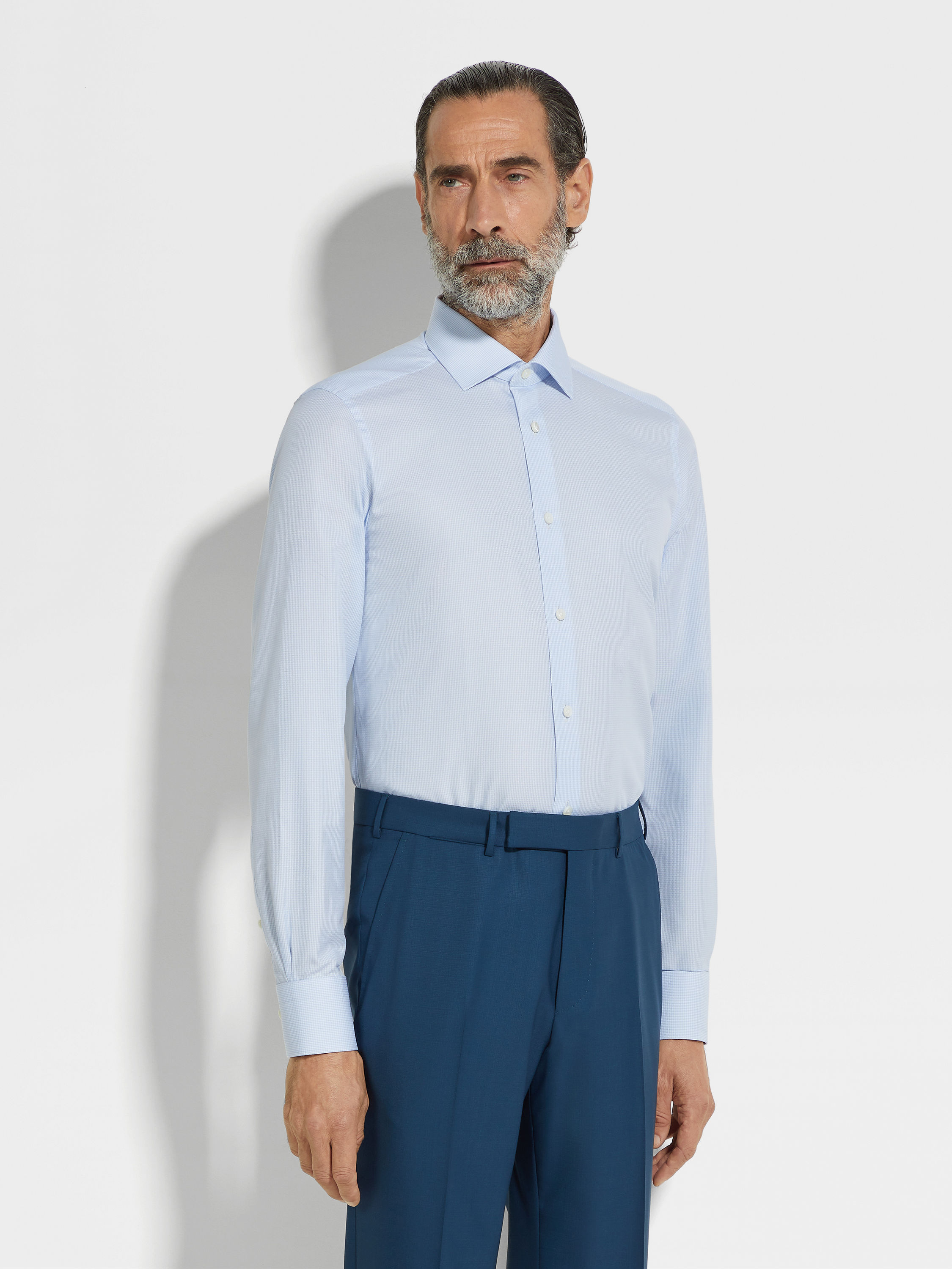 Light Blue and White Structured Micro-checked Trecapi Cotton Shirt Product detail photo #2