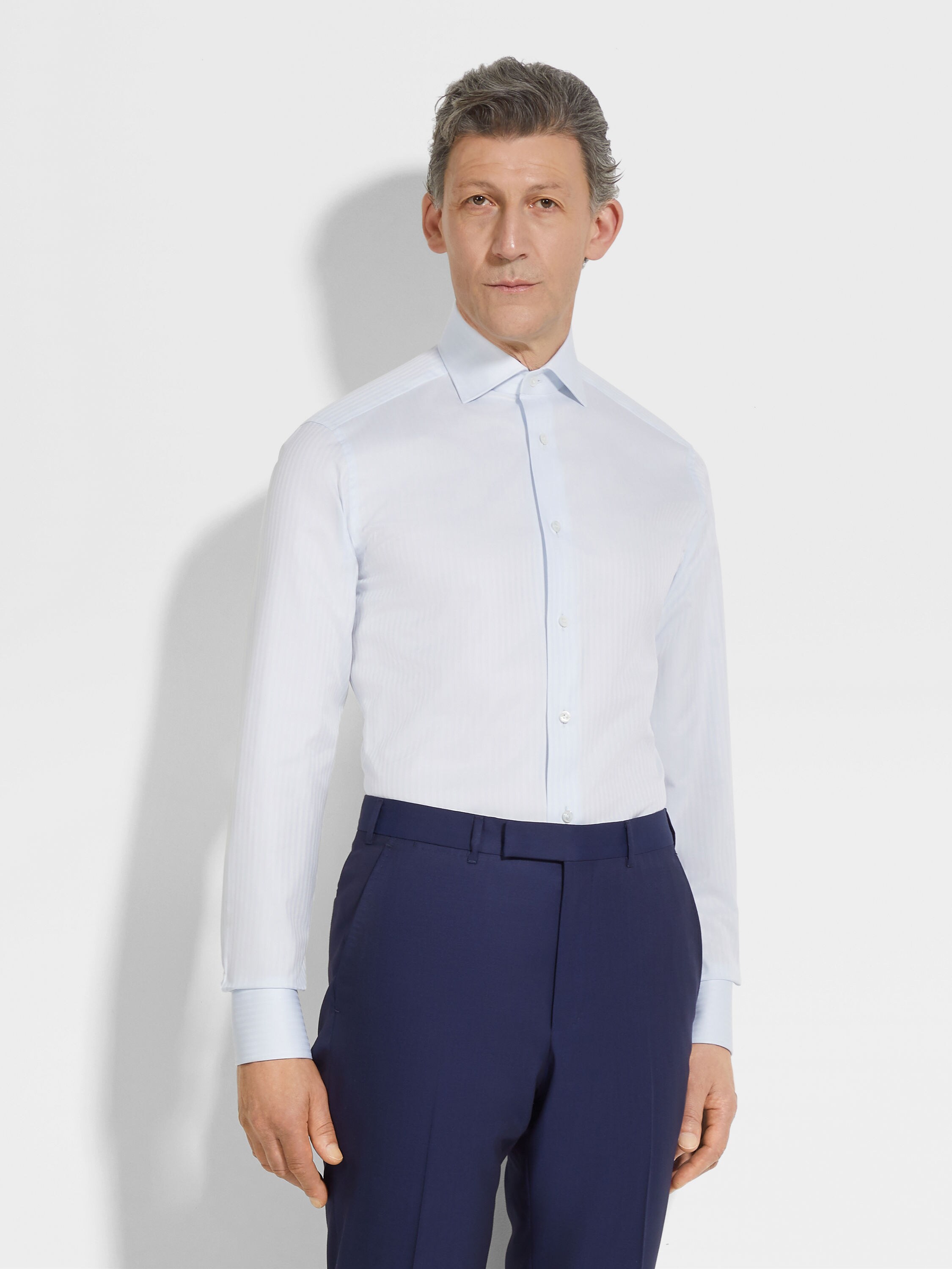 Light Blue Structured Striped Centoventimila Cotton Shirt Product detail photo #2