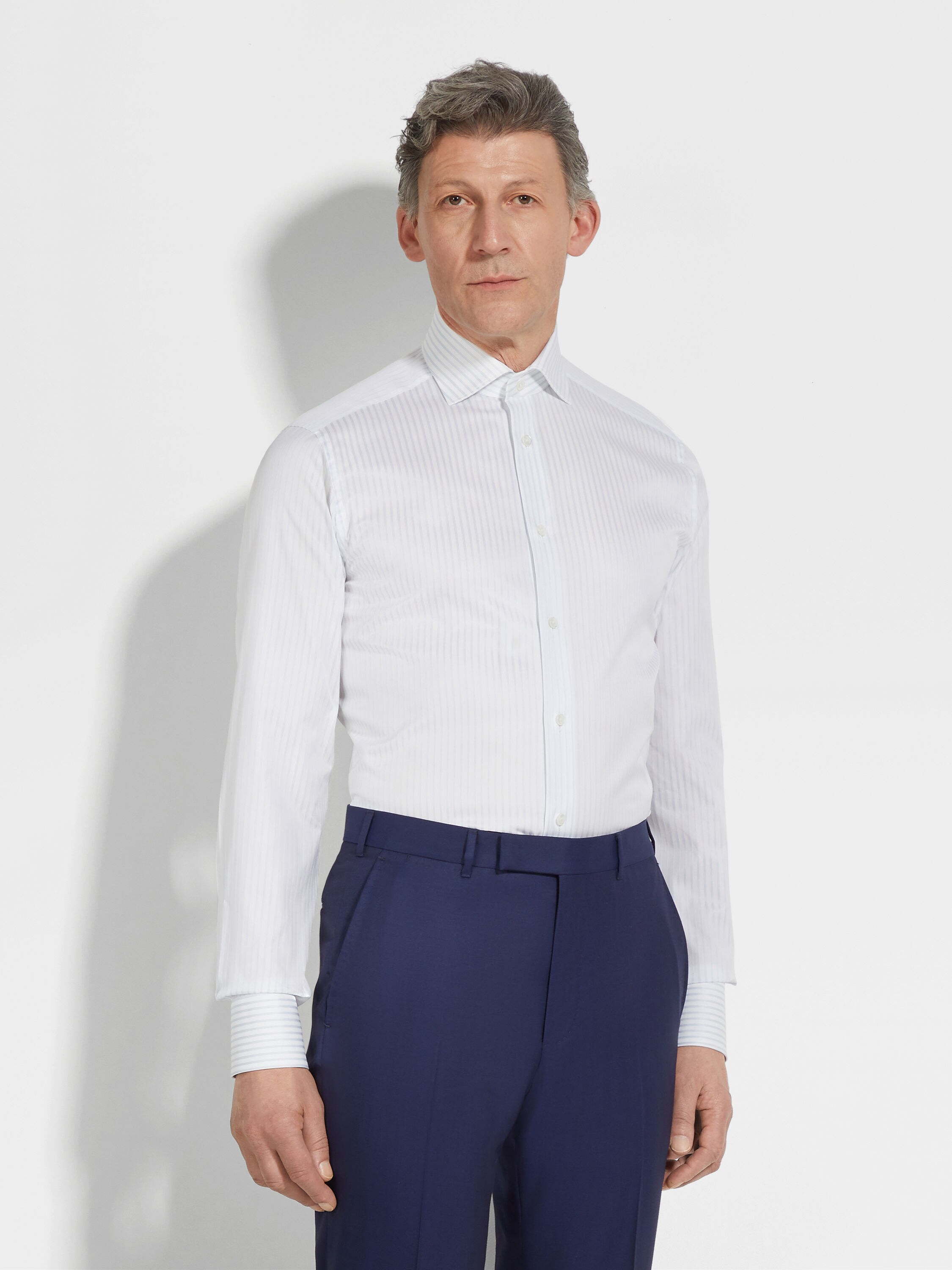 White and Light Grey Structured Striped Centoventimila Cotton Shirt Product detail photo #2