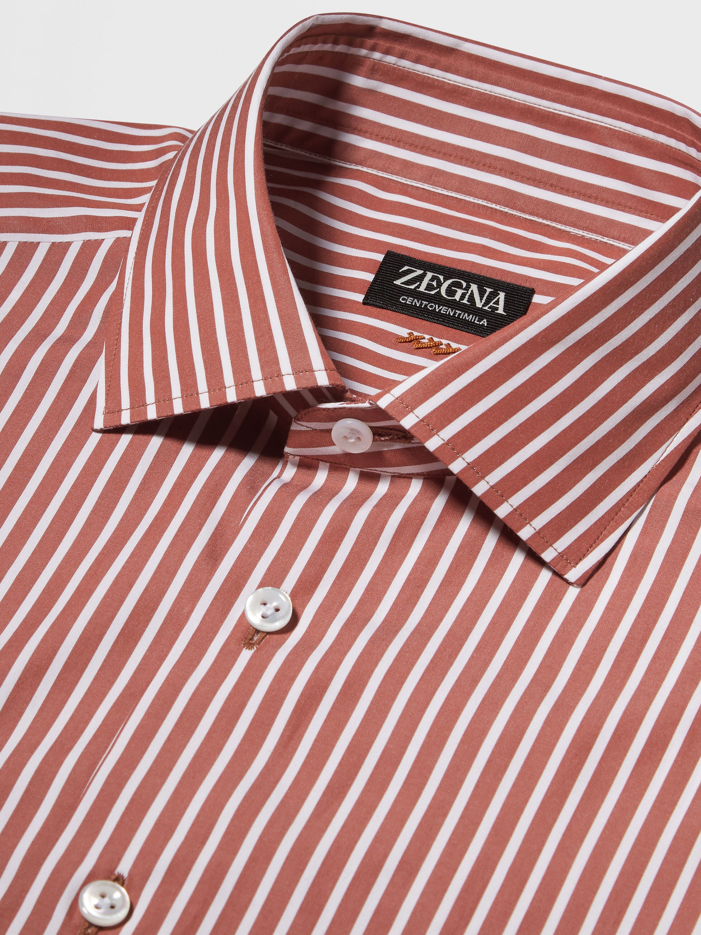 Brick Red and White Macro-striped Centoventimila Cotton Shirt Product detail photo #2