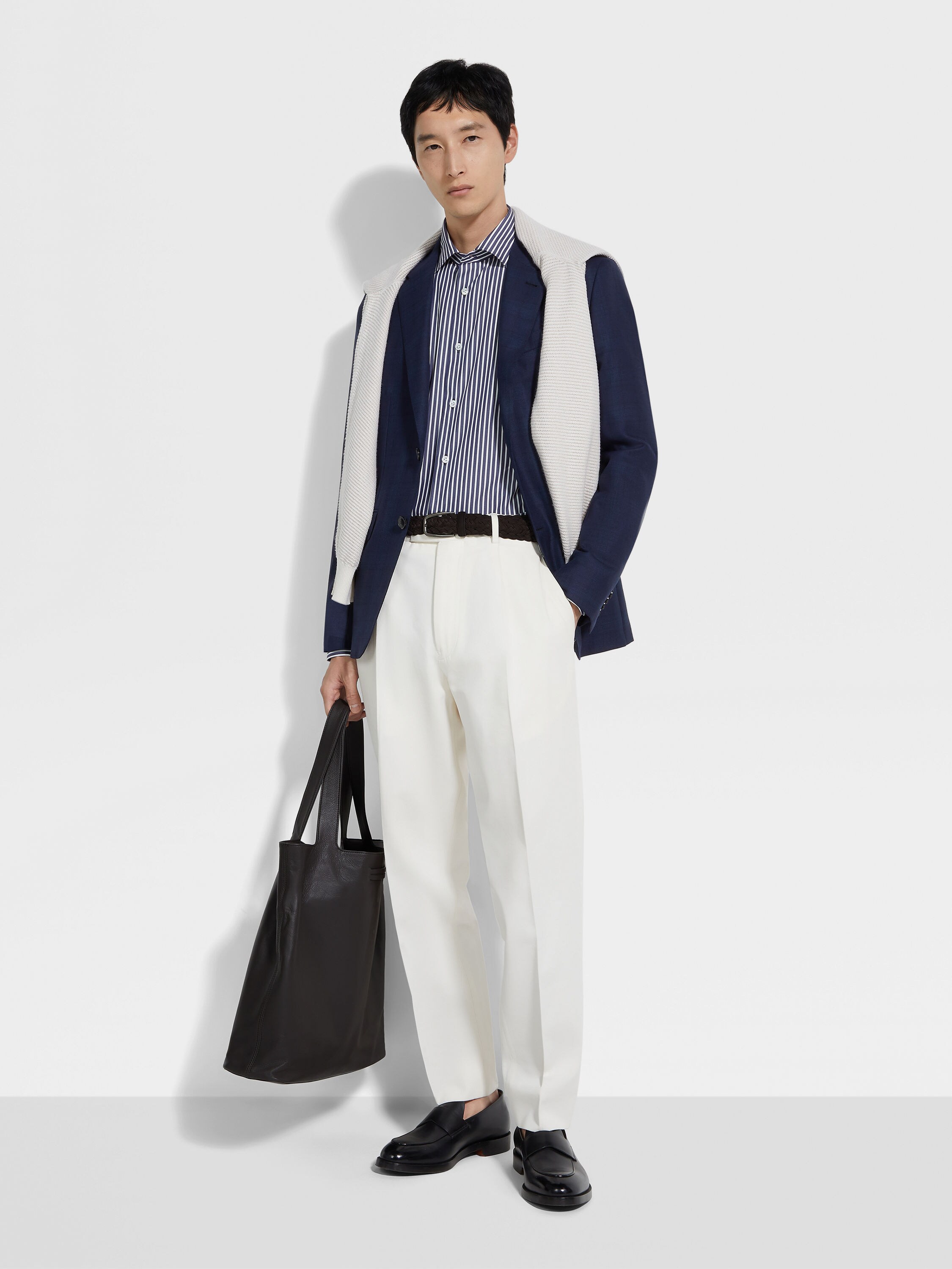 Avio Blue and White Macro-striped Centoventimila Cotton Shirt Product detail photo #1