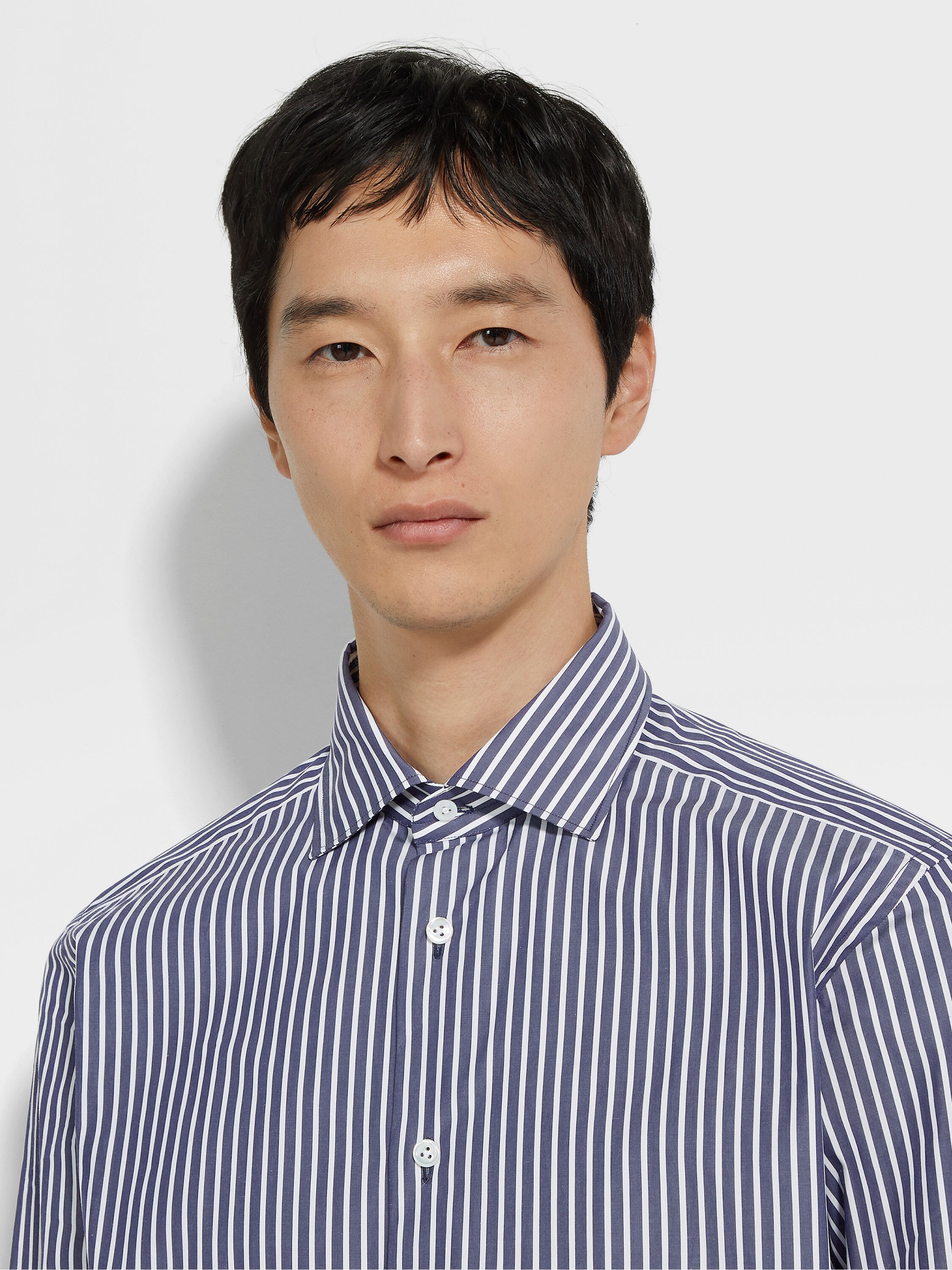 Avio Blue and White Macro-striped Centoventimila Cotton Shirt Product detail photo #2