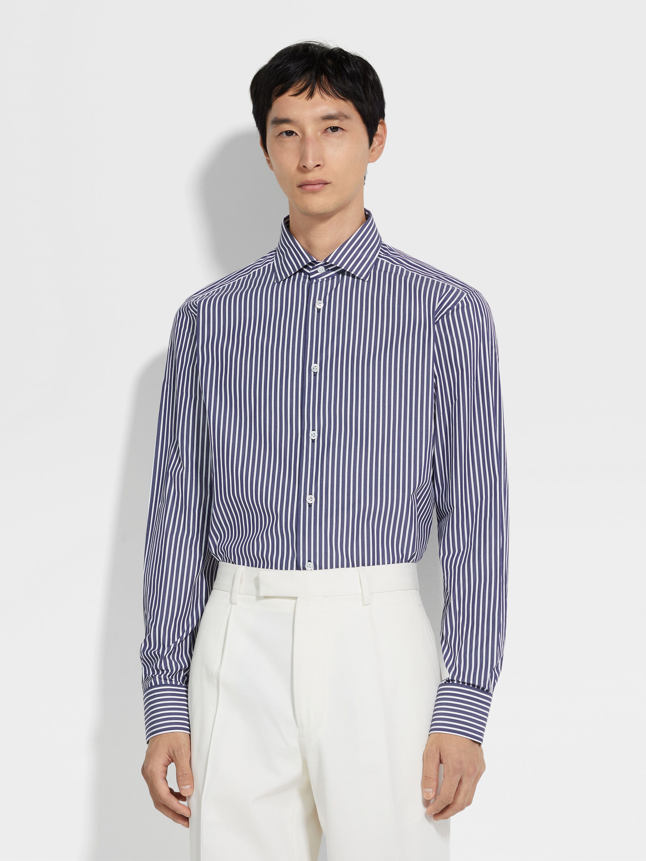 Avio Blue and White Macro-striped Centoventimila Cotton Shirt Product detail photo #3