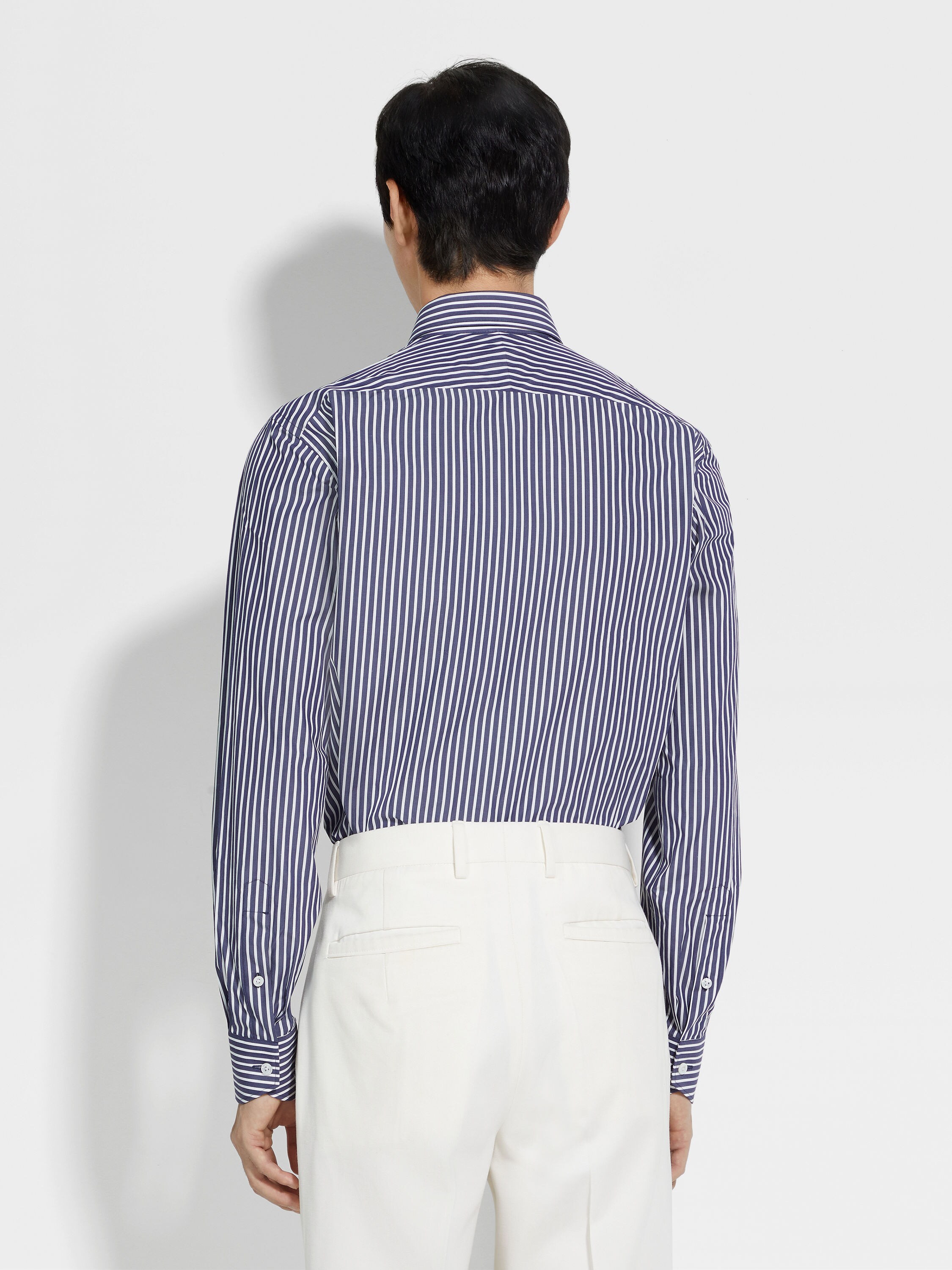 Avio Blue and White Macro-striped Centoventimila Cotton Shirt Product detail photo #4