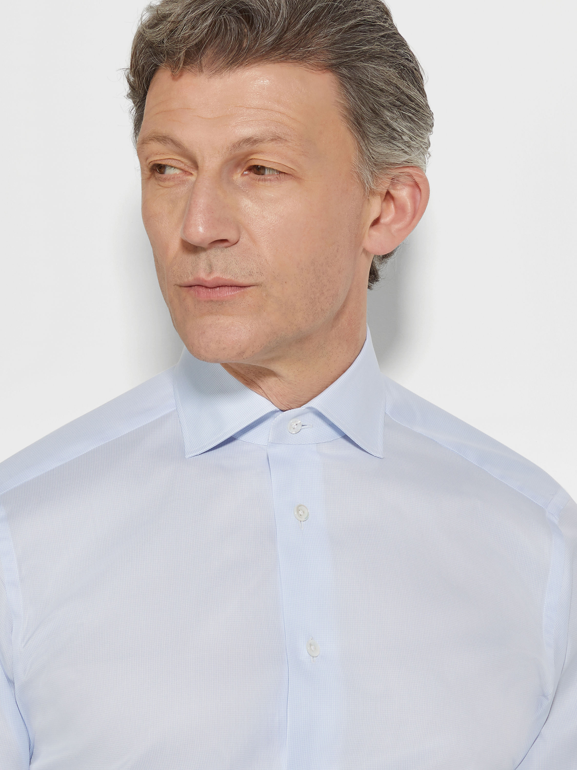 Light Blue and White Micro-checked 300 Cotton Shirt Product detail photo #1