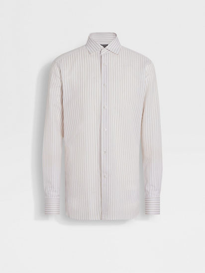 Camicia in Lino e Cotone Centoventimila a Righe Spesse Bianca e Tortora  Chiaro