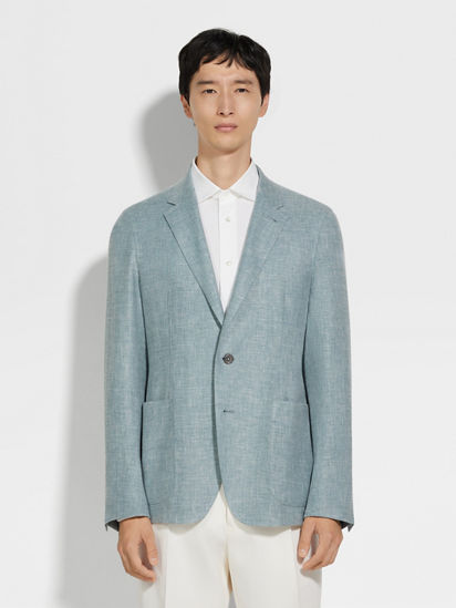 Light Teal Blue Crossover Linen Wool and Silk Blend Jacket Light Teal Blue Crossover Linen Wool and Silk Blend Jacket