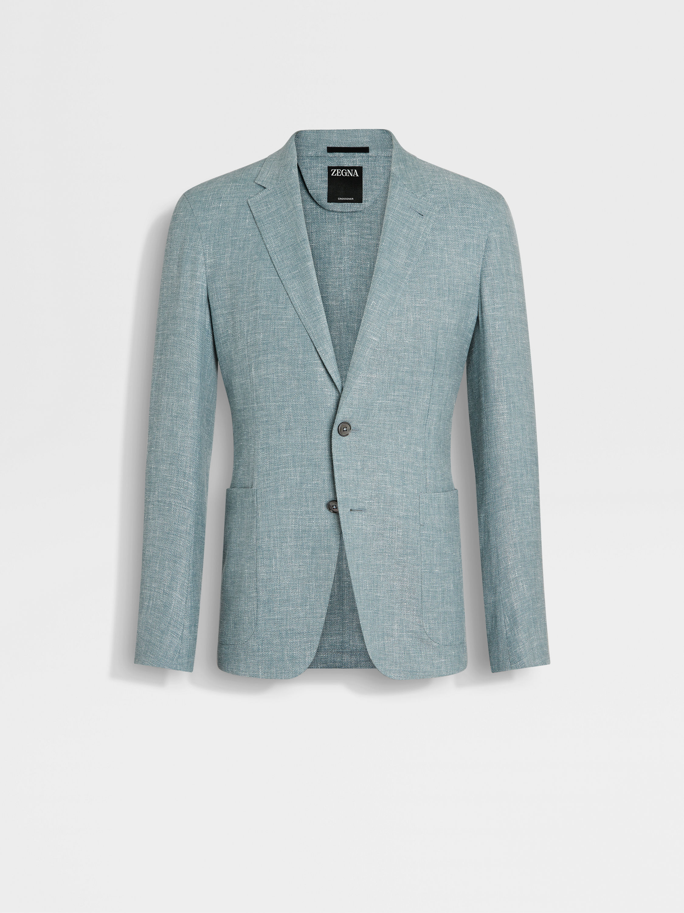 Light Teal Blue Crossover Linen Wool and Silk Blend Jacket Main product photo