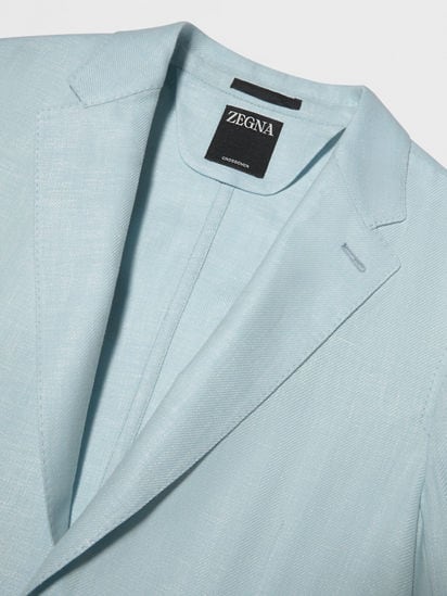 Light Blue Crossover Linen Wool and Silk Blend Shirt Jacket Light Blue Crossover Linen Wool and Silk Blend Shirt Jacket
