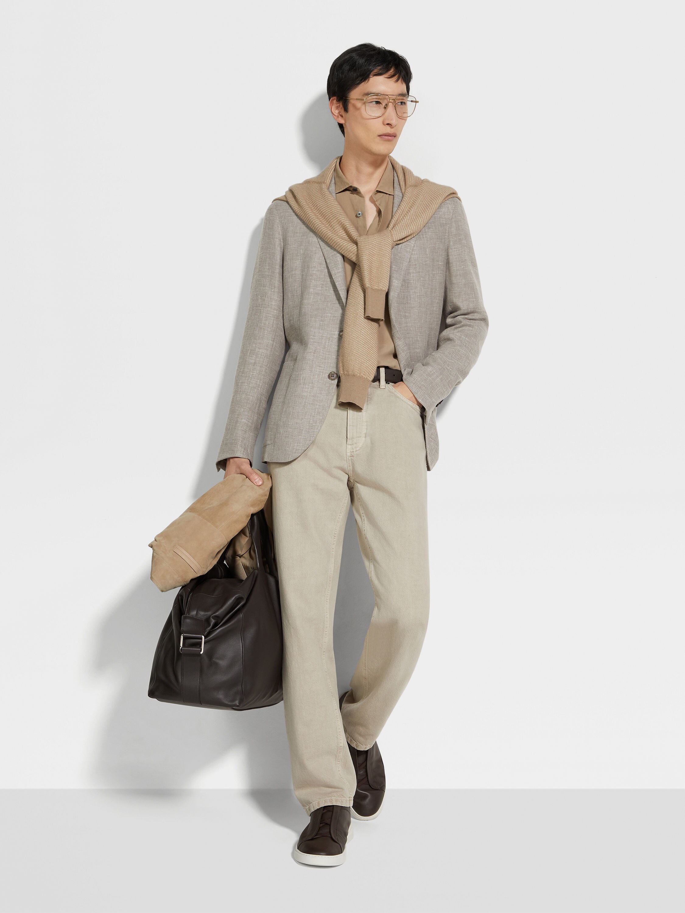 Light Brown and White Crossover Linen Wool and Silk Blend Jacket Product detail photo #1