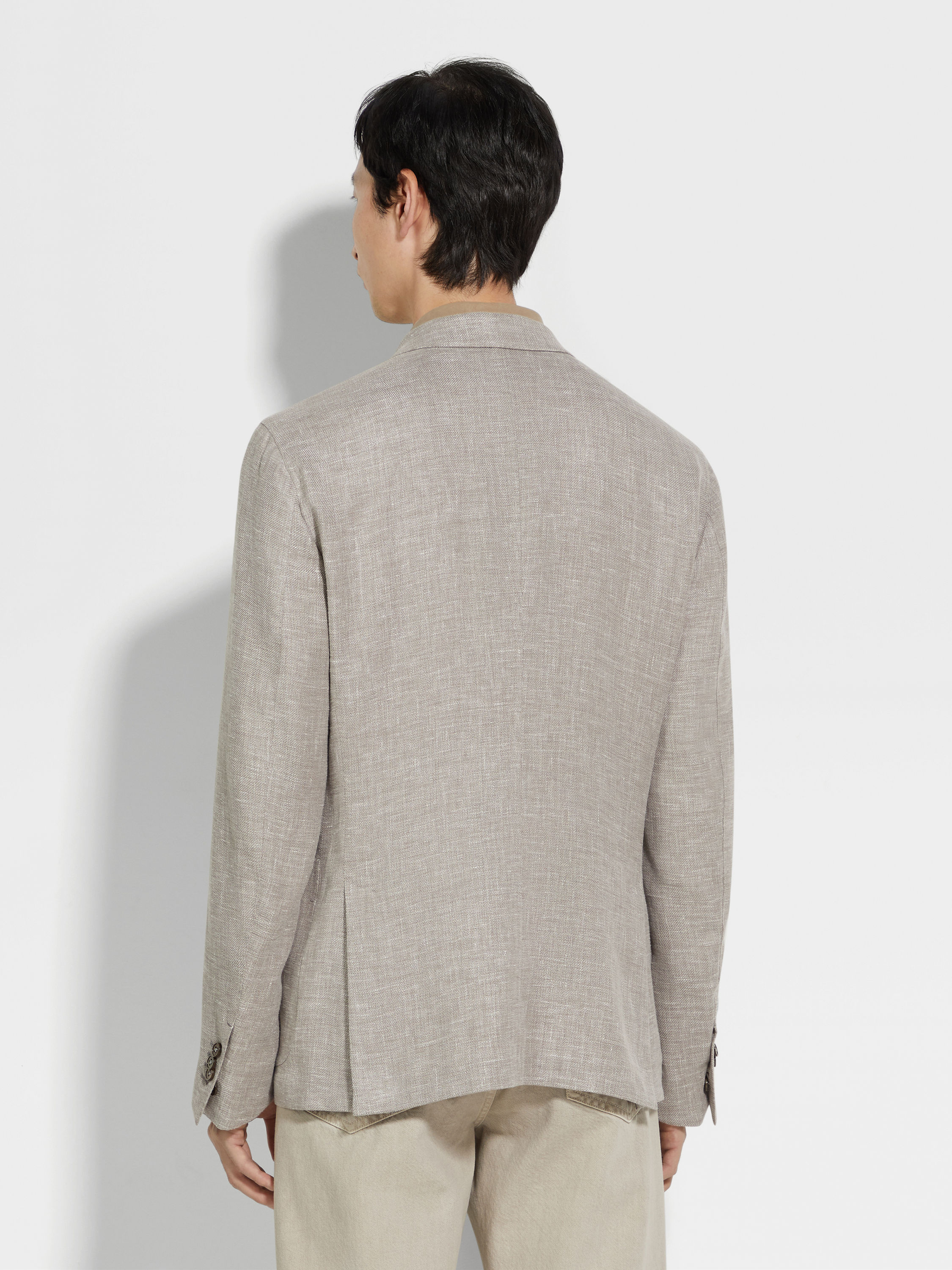 Light Brown and White Crossover Linen Wool and Silk Blend Jacket Product detail photo #4