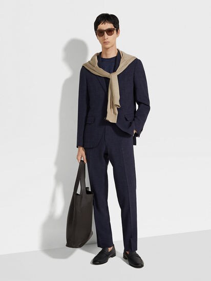 Navy Blue Trofeo Seersucker Wool Silk and Linen Blend Jacket