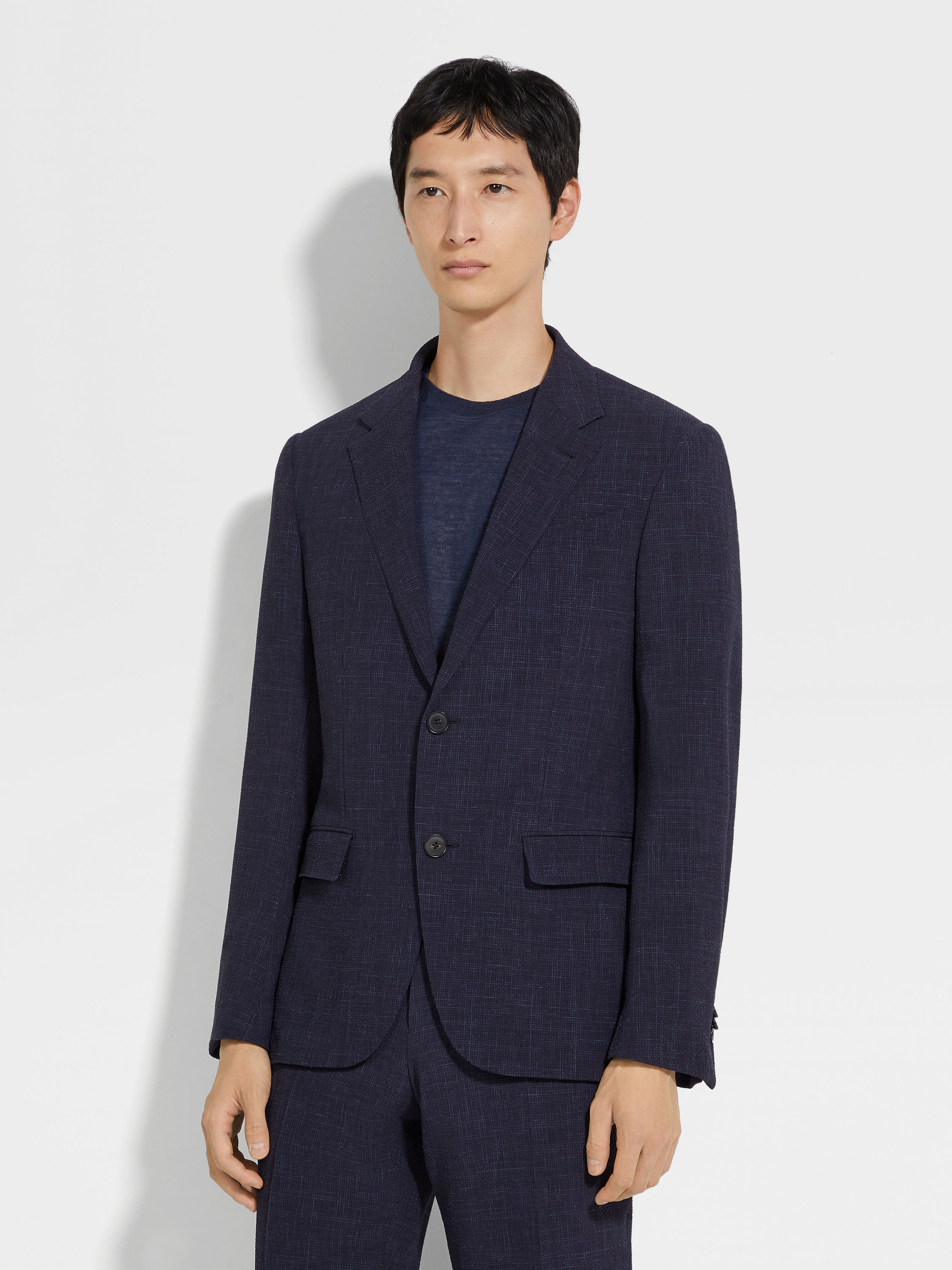 Navy Blue Trofeo Seersucker Wool Silk and Linen Blend Jacket Product detail photo #3