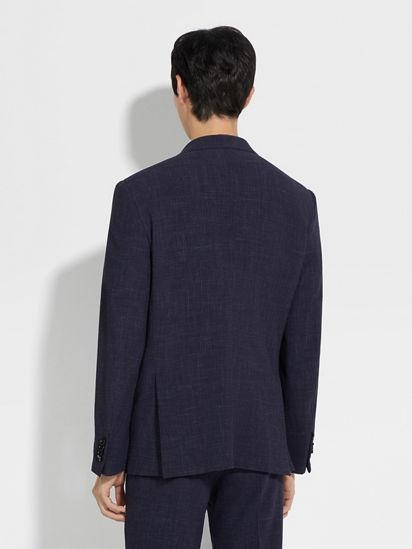 Navy Blue Trofeo Seersucker Wool Silk and Linen Blend Jacket
