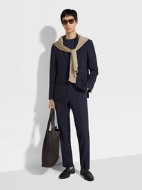 Navy Blue Trofeo Seersucker Wool Silk and Linen Blend Jacket