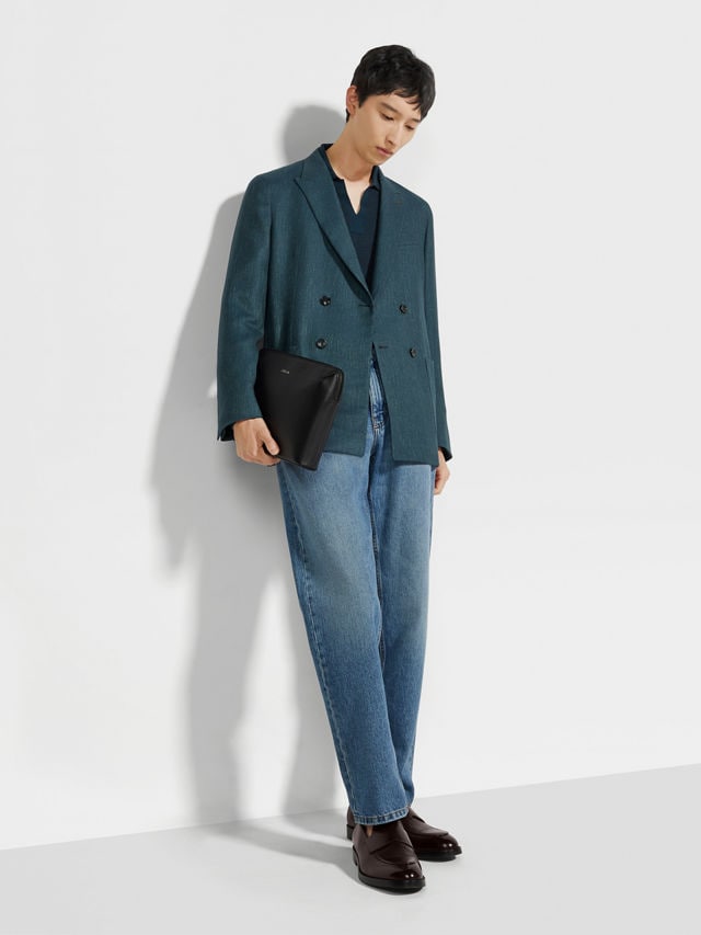 Teal Blue Cashmere Silk and Linen Jacket Product detail photo #1
