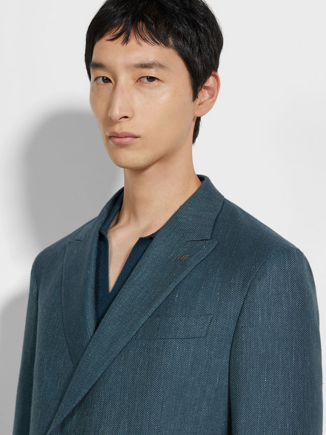 Teal Blue Cashmere Silk and Linen Jacket Product detail photo #2