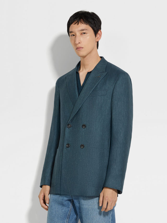 Teal Blue Cashmere Silk and Linen Jacket Product detail photo #3