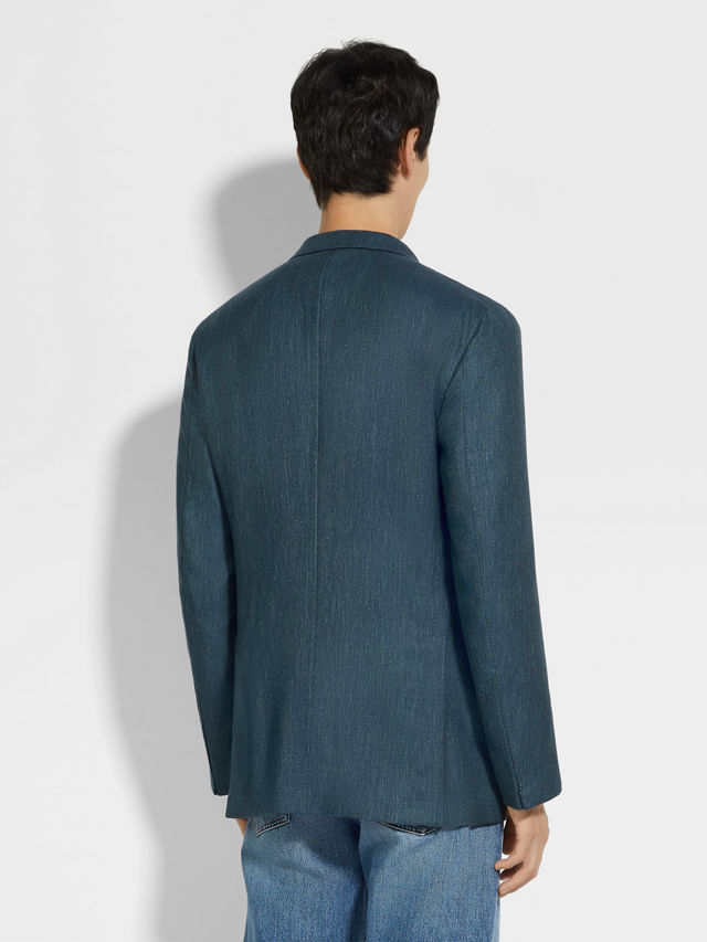 Teal Blue Cashmere Silk and Linen Jacket Product detail photo #4